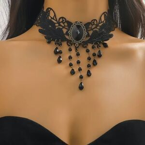 Gothic  Multilayer Black Crystal Black Lace Necklace Club Decor Neck Jewelry